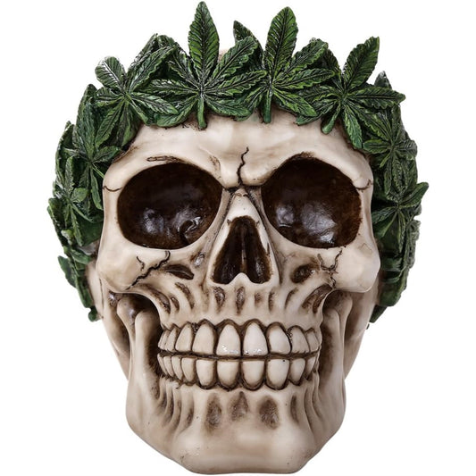 Novelty Cannabis Leaves Marijuana Weed Pot Head Skull Figurine 5.25 inch