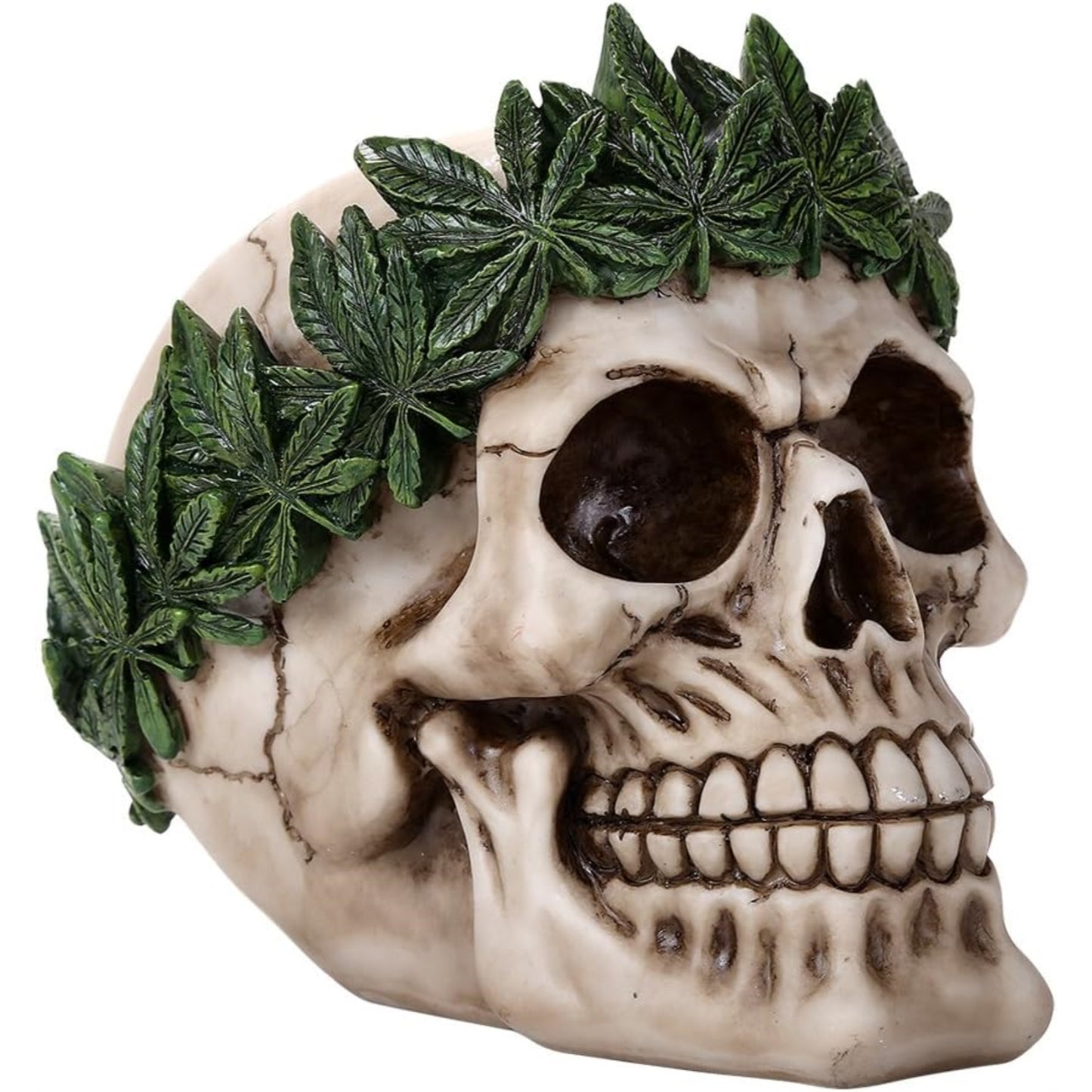 Novelty Cannabis Leaves Marijuana Weed Pot Head Skull Figurine 5.25 inch