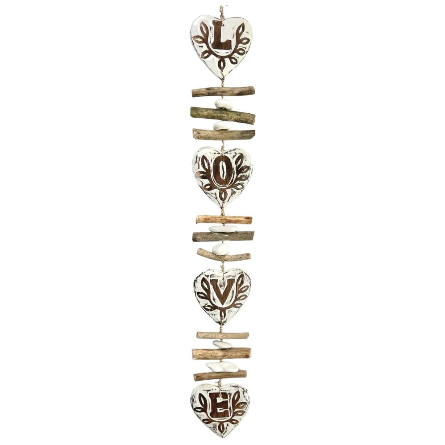 Carved Wooden Love Hearts Hanging Strand Indoor Outdoor Beach Coastal Home Decor 37 inches Long