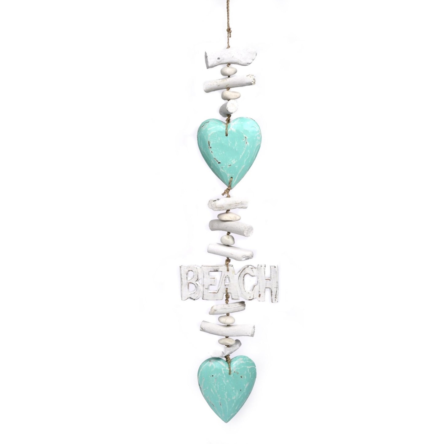 Aqua Hearts with the Word Beach on Seagrass Rope with Rocks and Driftwood Mobile Stand 37 inch