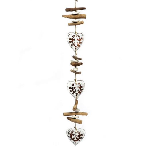 Wooden Carved Heart Strand on a Seagrass Rope with Driftwood and Stones Mobile 36 Inches Long