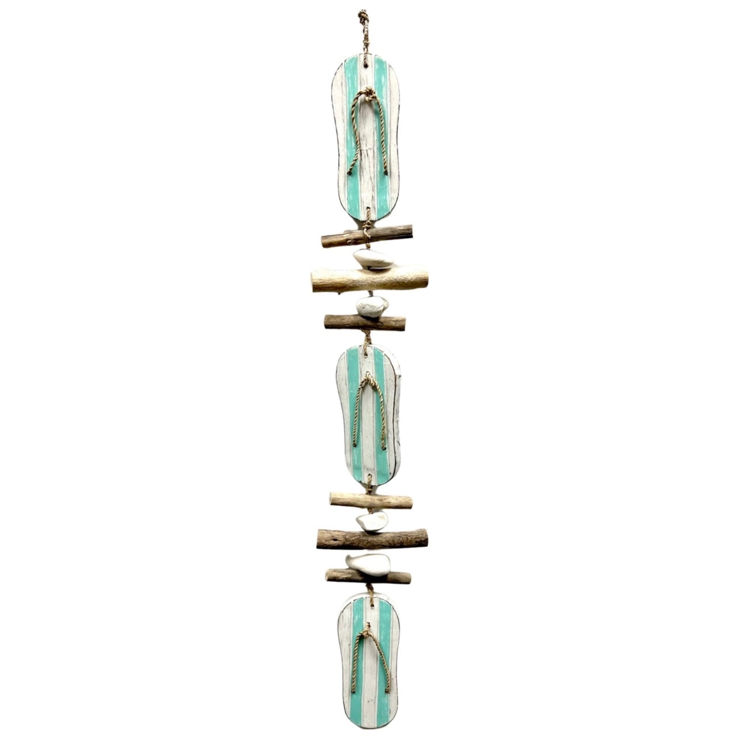 Aqua Striped Flip Flop Driftwood and Stone Hanging Strand Home Beach Decoration 34 inch