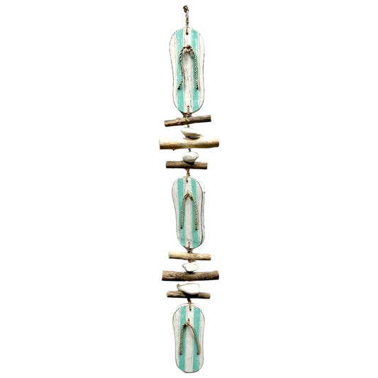 Aqua Striped Flip Flop Driftwood and Stone Hanging Strand Home Beach Decoration 34 inch