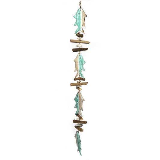 Aqua Color Tuna Fish Driftwood and Stone Hanging Strand Home Beach Decoration 43 inch