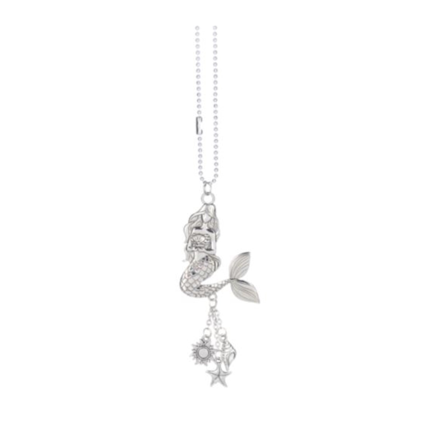 Silver Mermaid Holding Shell Car Charm 7.5 Inch with Silver Chain