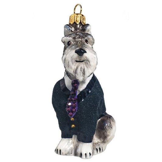 Joy to the World Gray Schnauzer with Cardigan Sweater and Crystal Tie Polish Glass Dog Ornament