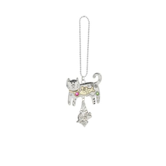 Ganz Silver and Gold Cat with Fish Car Charm 7.5 Inch with Silver Chain