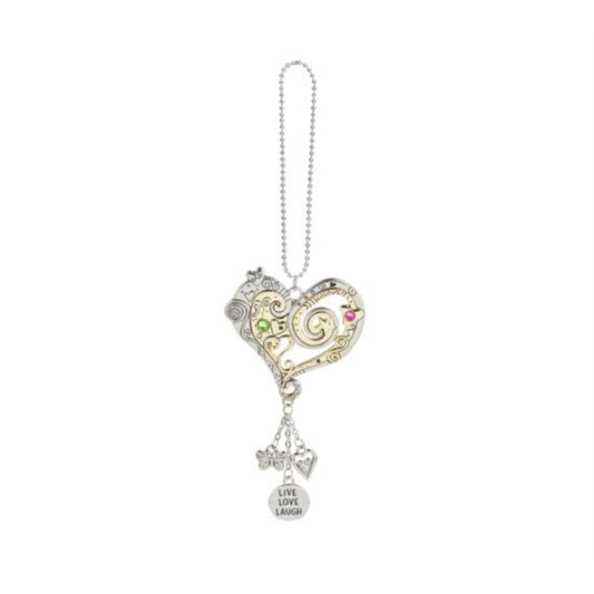 Ganz Silver and Gold Live Laugh Love Heart Car Charm 7 inch with Silver Chain