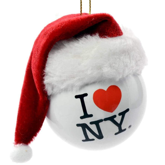 Kurt Adler I Love NY Ball with Fabric Santa Hat Plastic Christmas Tree Ornament 2.4 inch