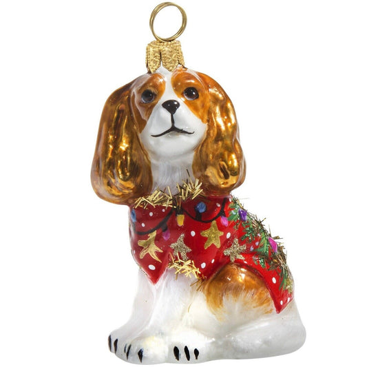 Joy to the World Blenheim Cavalier King Charles Spaniel in Ugly Christmas Sweater Polish Ornament