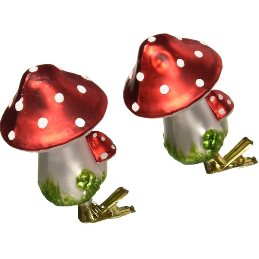 Kurt Adler Red Toadstool Mushroom Clip-On Glass Christmas Tree Ornaments 2-Piece Set 4 inch