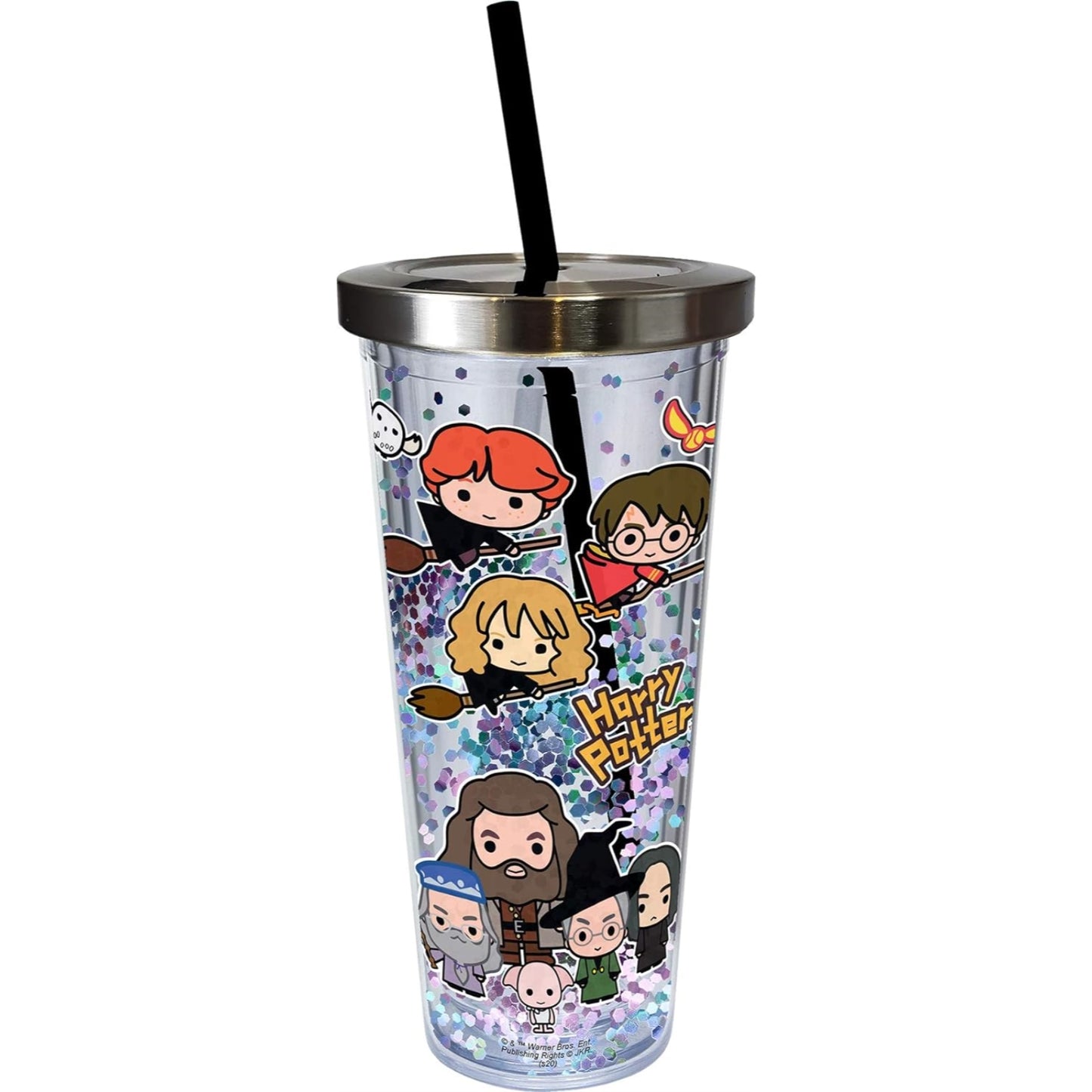 Spoontiques Harry Potter Characters Double Walled Insulated Acrylic Tumbler Glitter Cup with Straw 20 ounce
