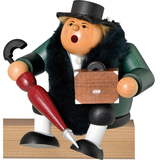 KWO Sitting Traveling Aunt with Suitcase German Wood Incense Smoker 6.3 Inch Made in Germany