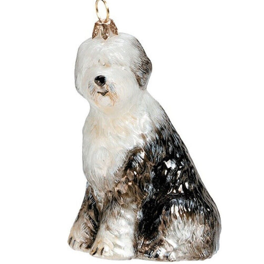 Joy to the World Old English Sheepdog Polish Blown Glass Christmas Ornament