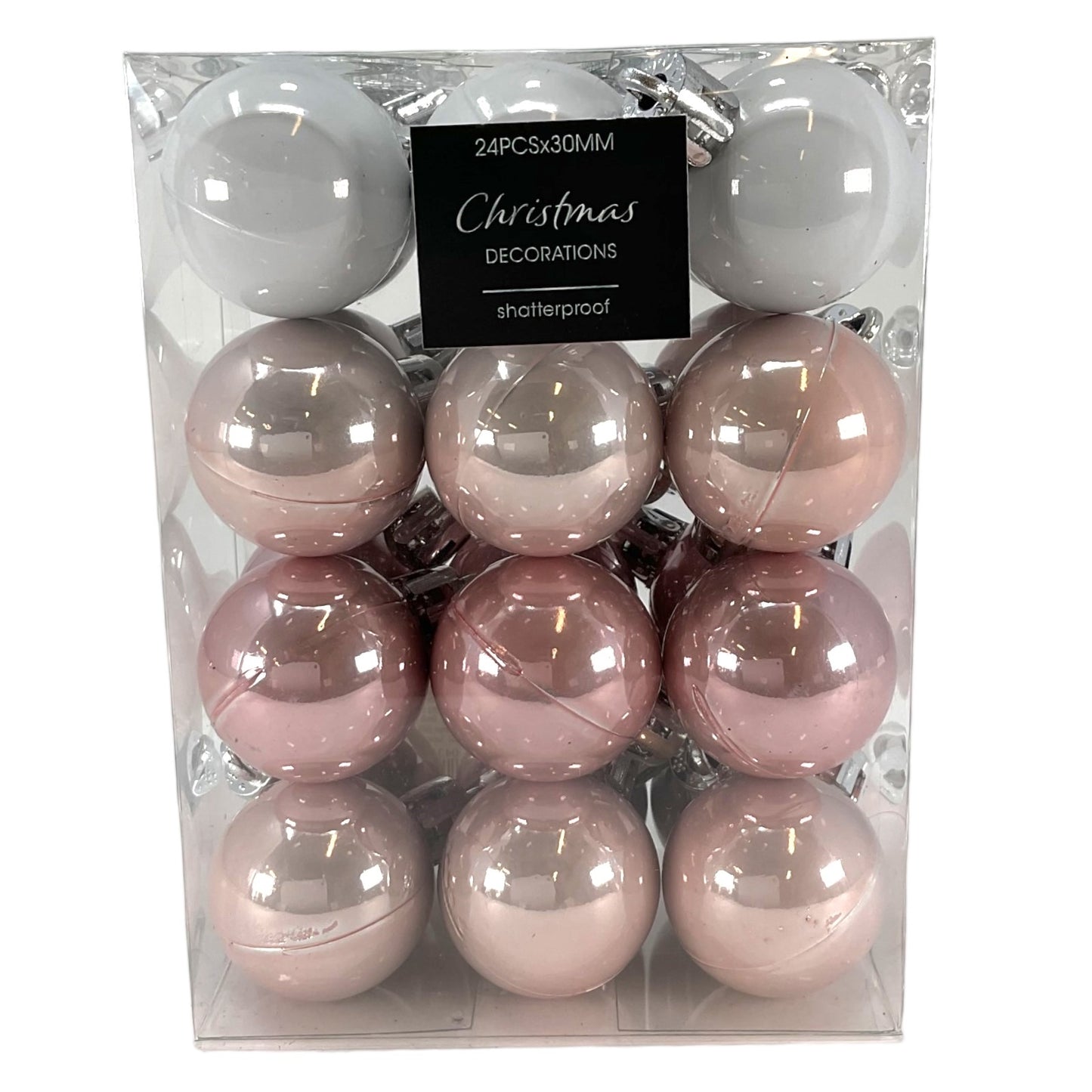 1 Inch Small Pink and White Shatterproof Plastic Christmas Ball Ornaments 24 Piece Set