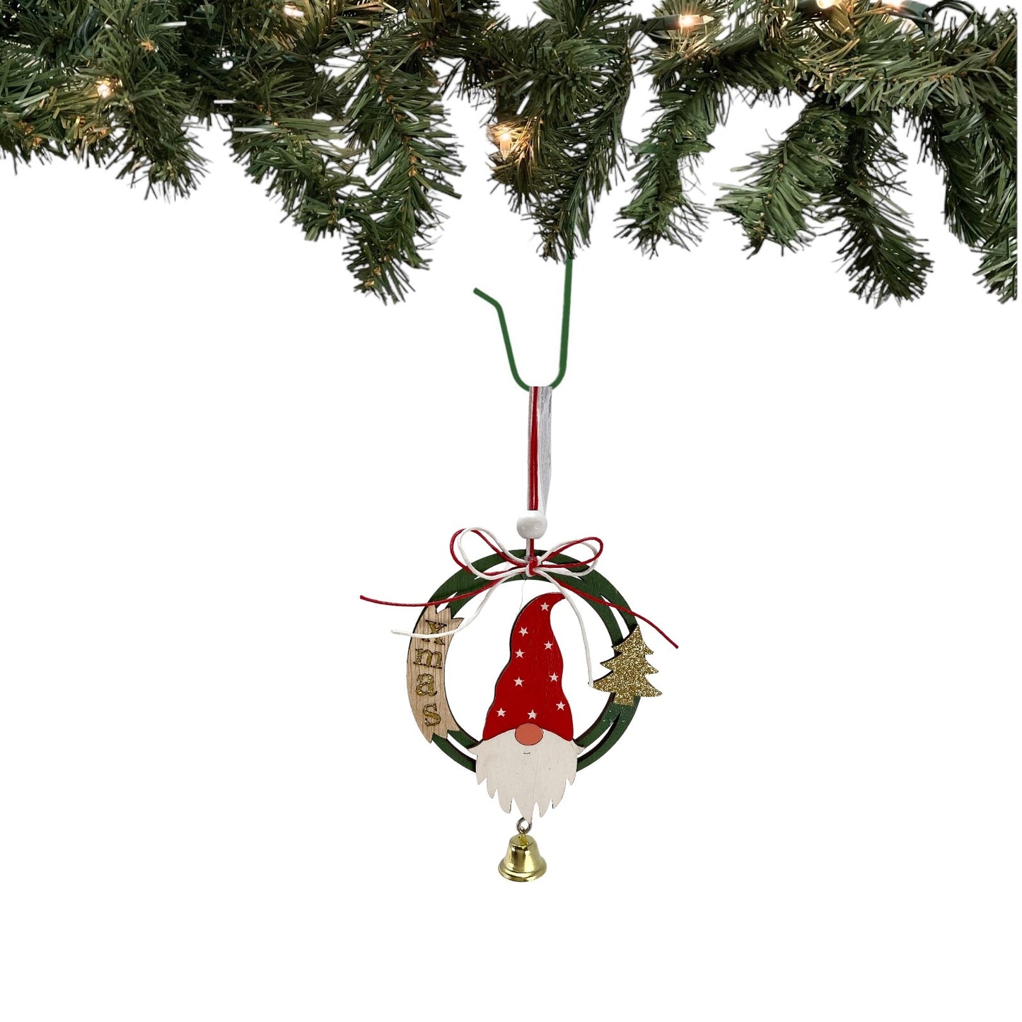 Green Gnome and Christmas Tree Wood Christmas Ornament with Hanging Bell 6 Inch