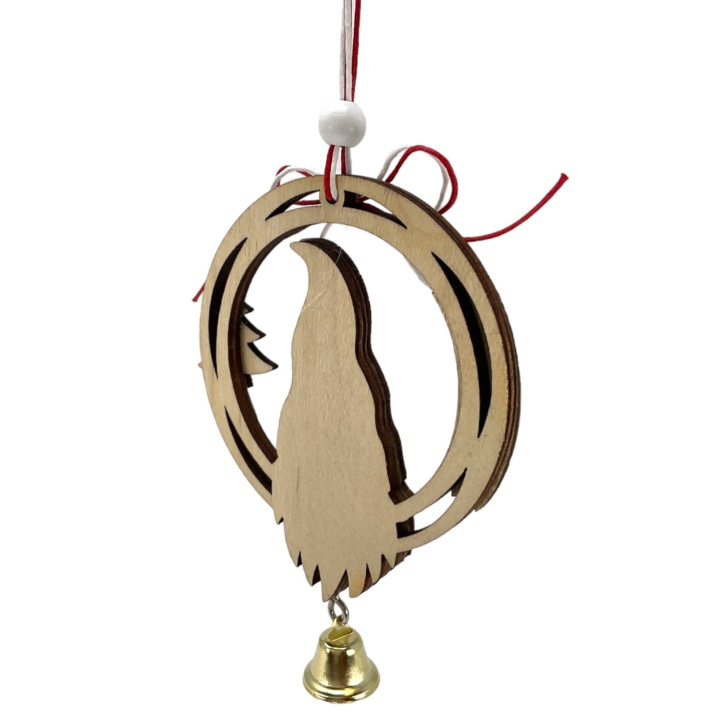 Green Gnome and Christmas Tree Wood Christmas Ornament with Hanging Bell 6 Inch