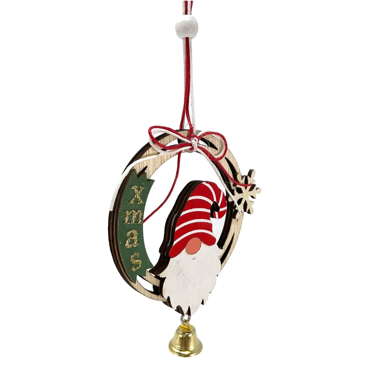 Gnome and Snowflake Wood Christmas Ornament with Hanging Bell 6 Inch