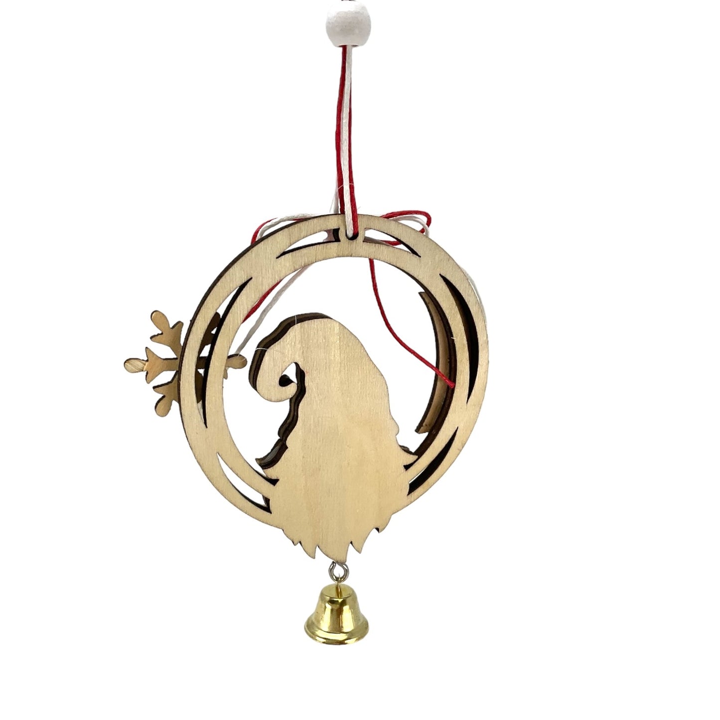 Gnome and Snowflake Wood Christmas Ornament with Hanging Bell 6 Inch