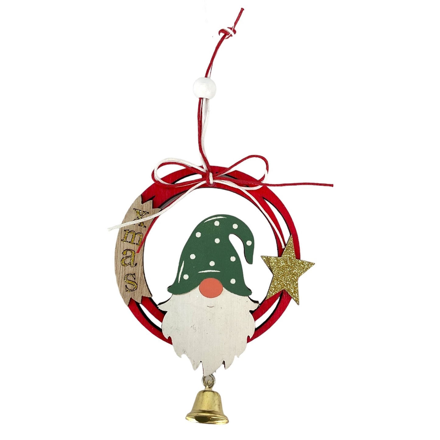 Red Gnome and Gold Star Wood Christmas Ornament with Hanging Bell 6 Inch