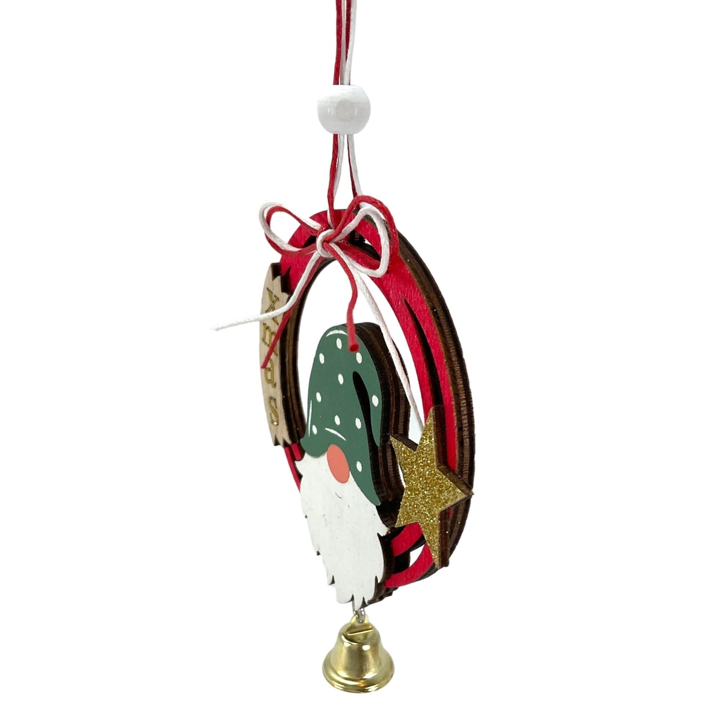 Red Gnome and Gold Star Wood Christmas Ornament with Hanging Bell 6 Inch
