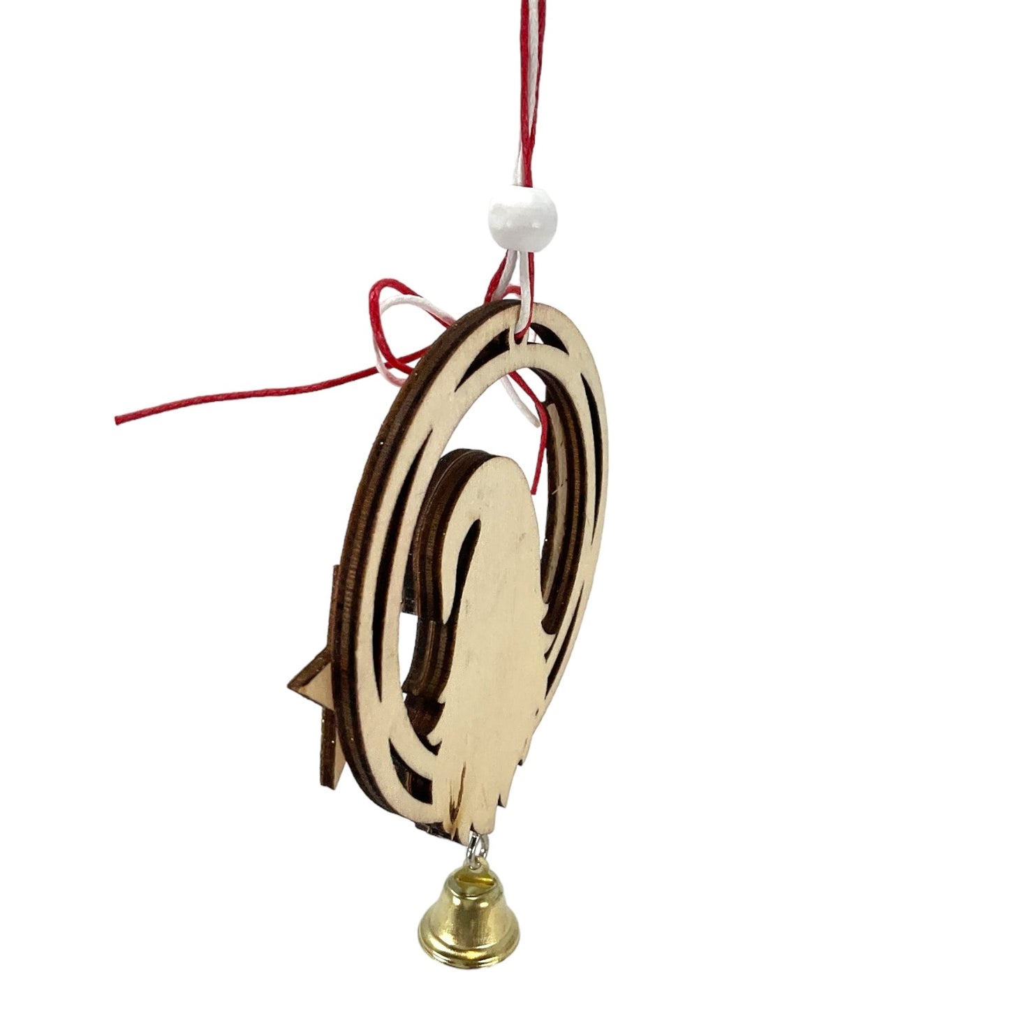Red Gnome and Gold Star Wood Christmas Ornament with Hanging Bell 6 Inch