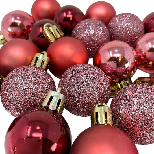 1 Inch Shiny Matte and Glitter Pink Plastic Christmas Ball Ornaments 24 Piece Set