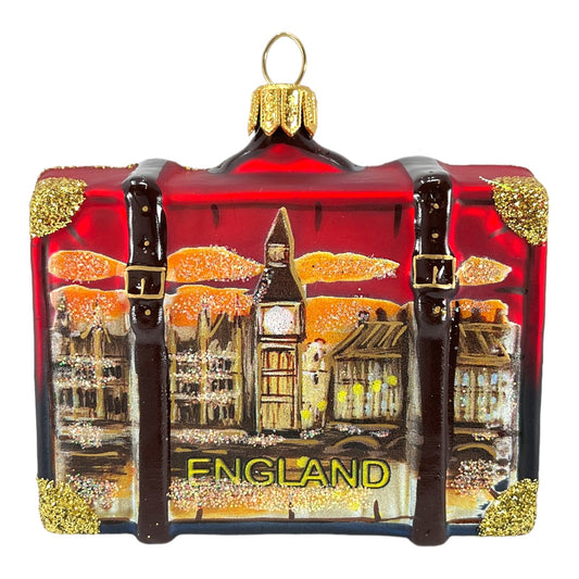Pinnacle Peak Trading England Travel Suitcase Polish Glass Christmas Ornament London UK