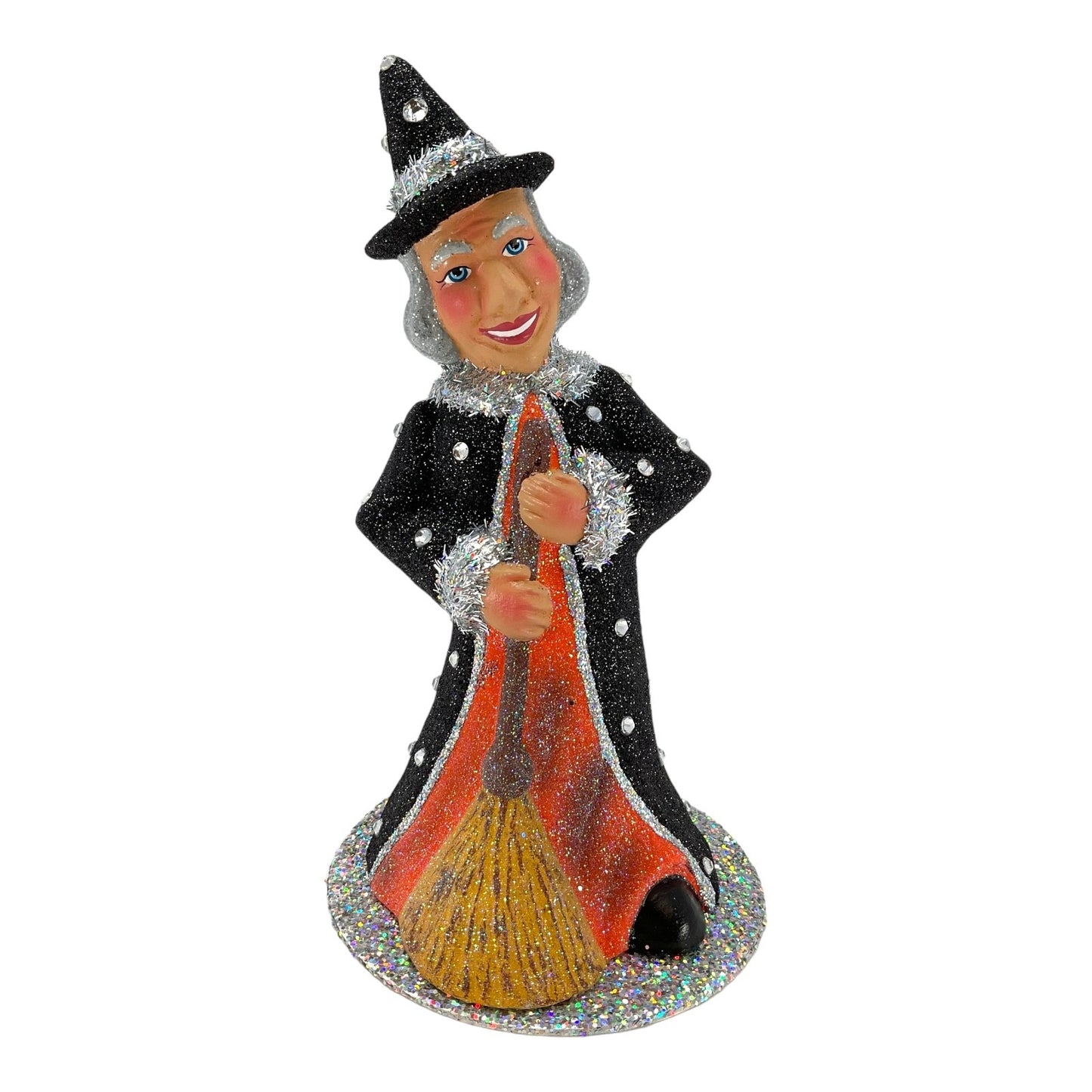 Pinnacle Peak Trading Ino Schaller Halloween Witch with Broom German Paper Mache Container 9.5 inch