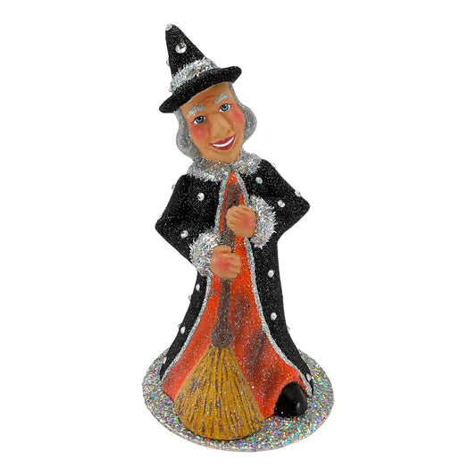 Pinnacle Peak Trading Ino Schaller Halloween Witch with Broom German Paper Mache Container 9.5 inch