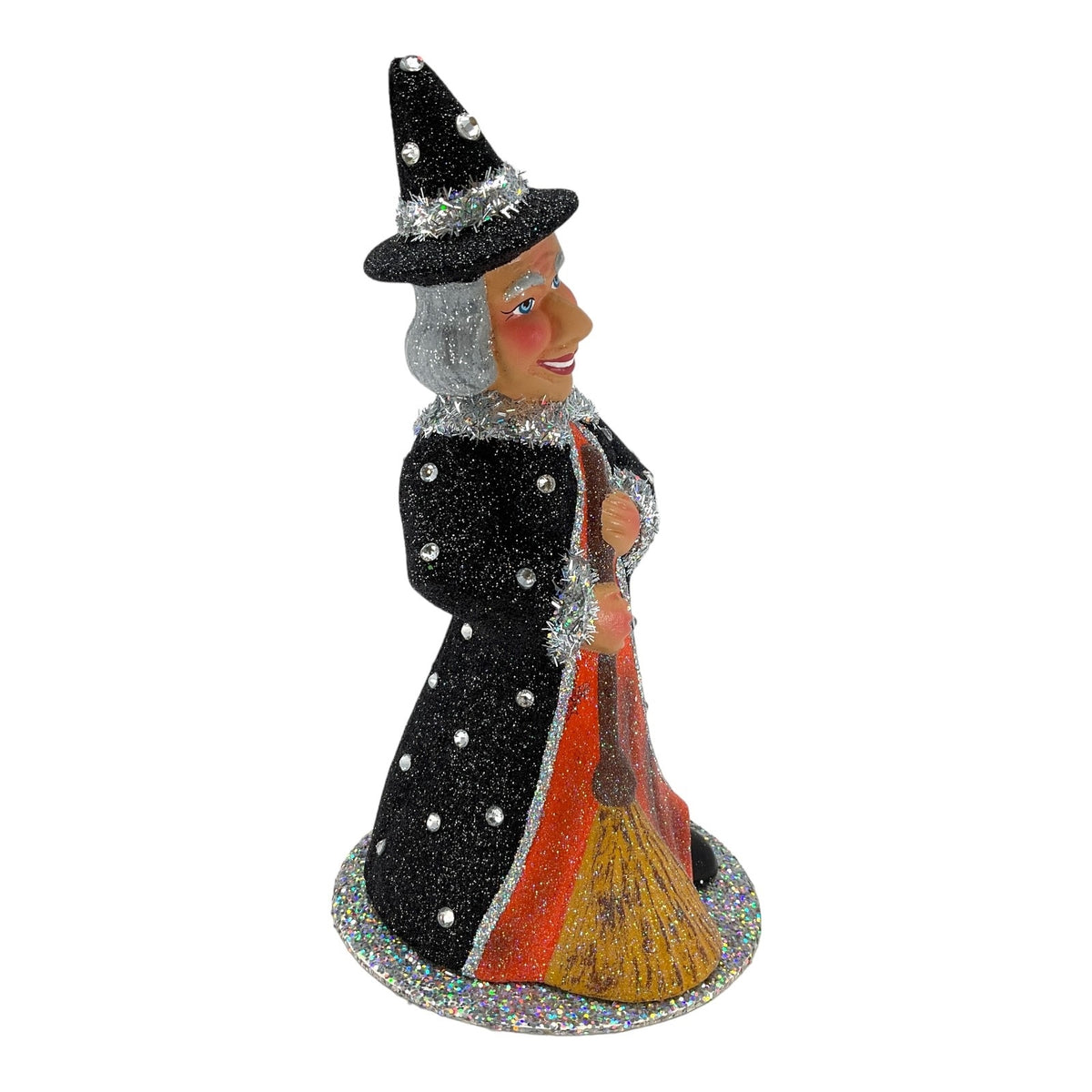 Pinnacle Peak Trading Ino Schaller Halloween Witch with Broom German Paper Mache Container 9.5 inch