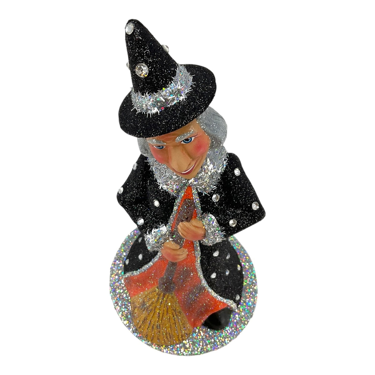 Pinnacle Peak Trading Ino Schaller Halloween Witch with Broom German Paper Mache Container 9.5 inch
