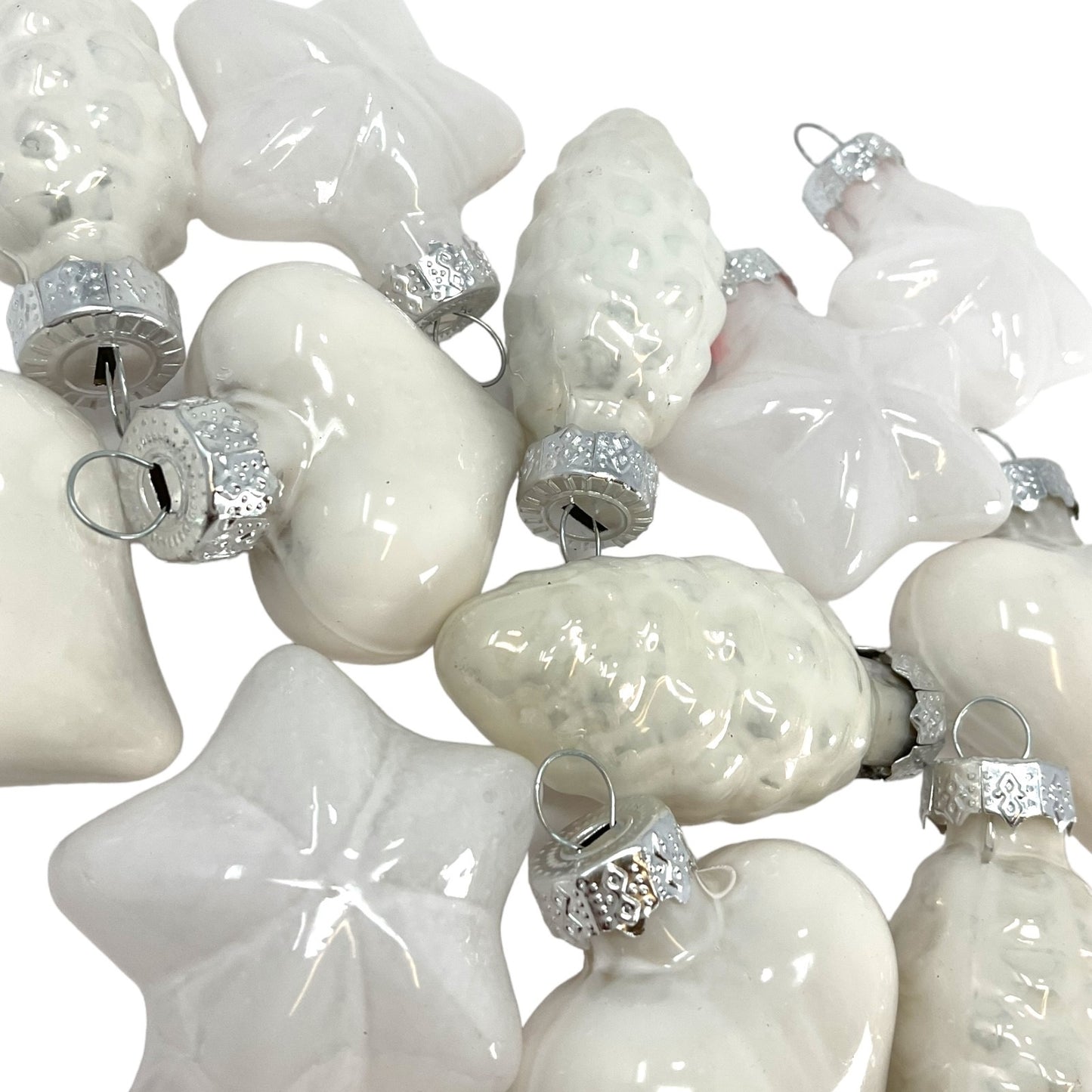 1.5 Inch Heart Pinecone and Star White Glass Christmas Tree Ornaments 12 Piece Set