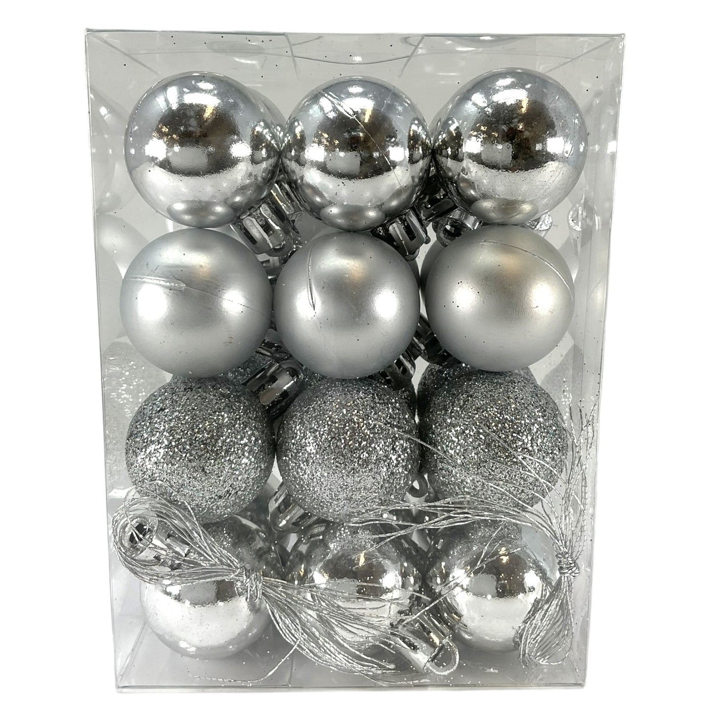 1 Inch Shiny Matte and Glitter Silver Plastic Christmas Ball Ornaments 24 Piece Set