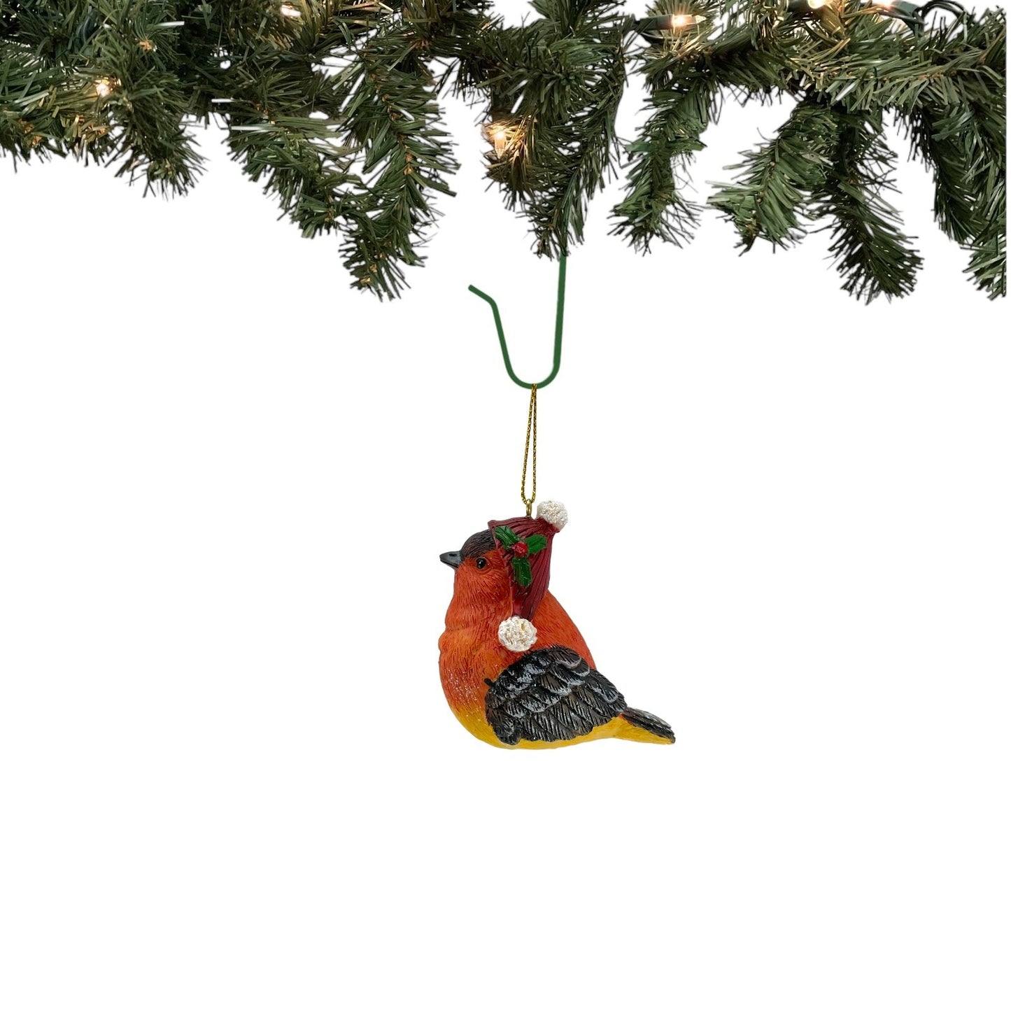 Flame-Colored Tanager Bird with Santa Claus Hat Christmas Tree Ornament 2.5 Inch
