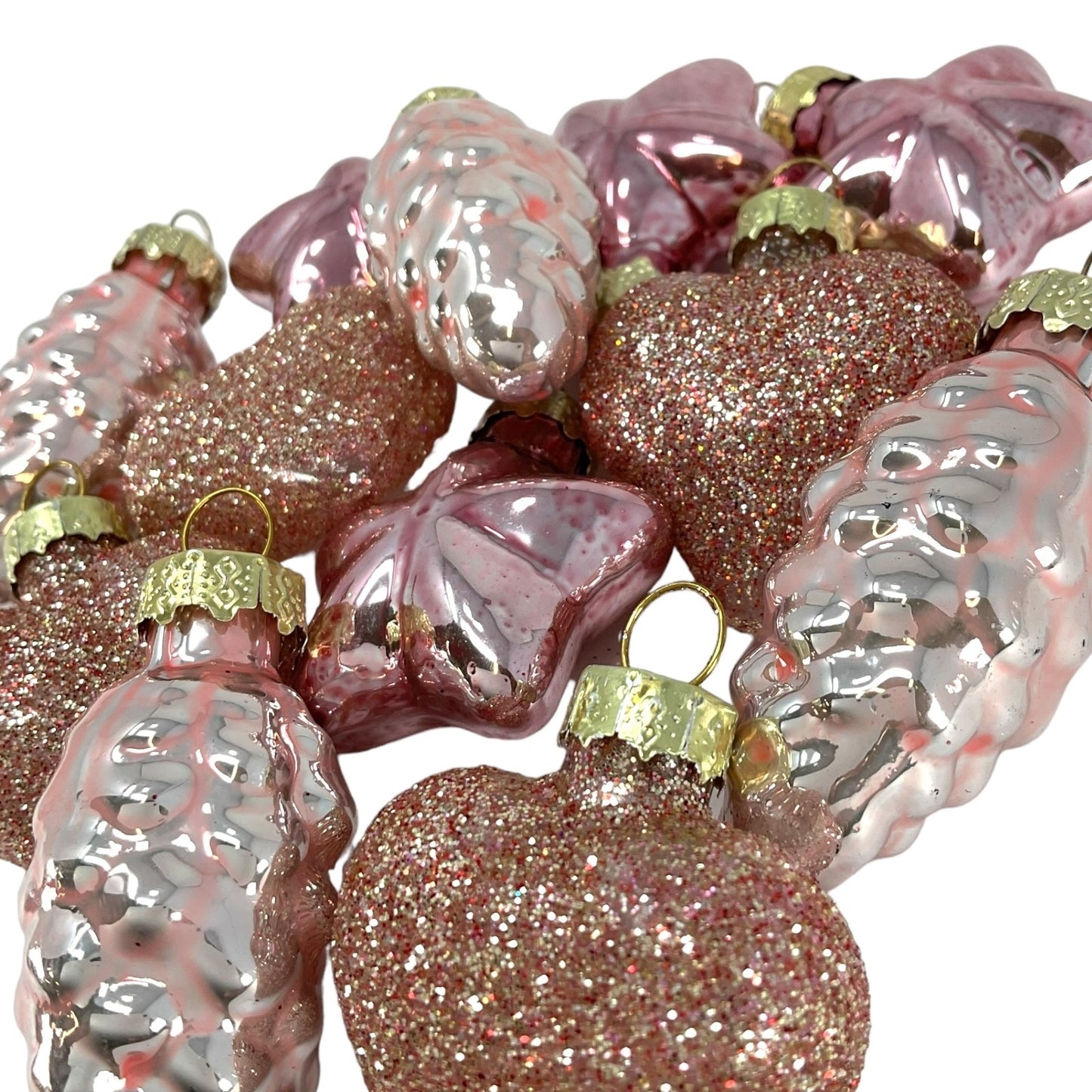 1.5 Inch Heart Pinecone and Star Pink Glass Christmas Tree Ornaments 12 Piece Set
