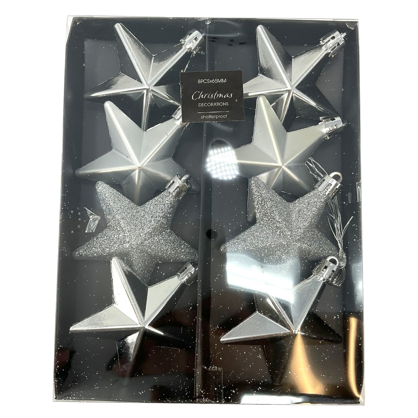 8 Piece Shiny Matte and Glitter Silver Star Christmas Ornament Decorations 2 Inch