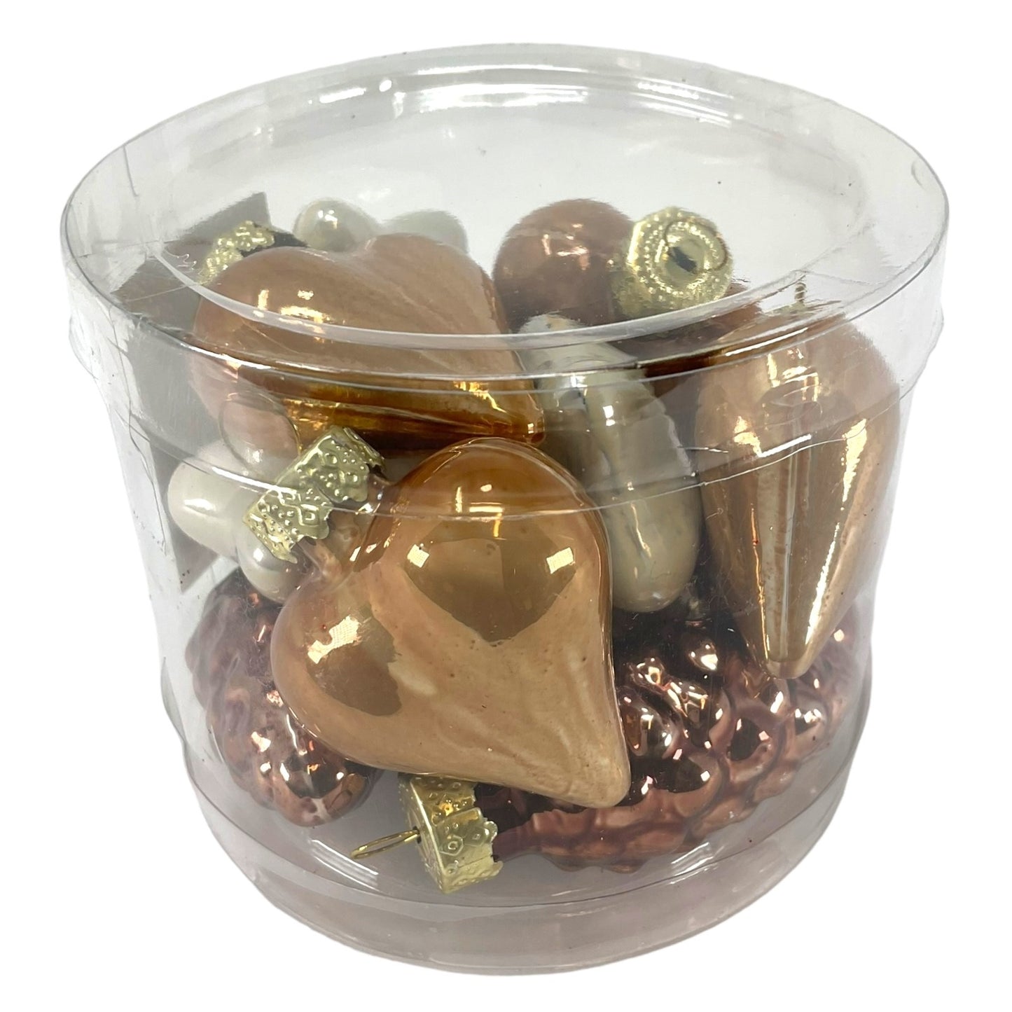 1.5 Inch Heart Pinecone and Star Brown and White Glass Christmas Ornaments 12 Piece Set