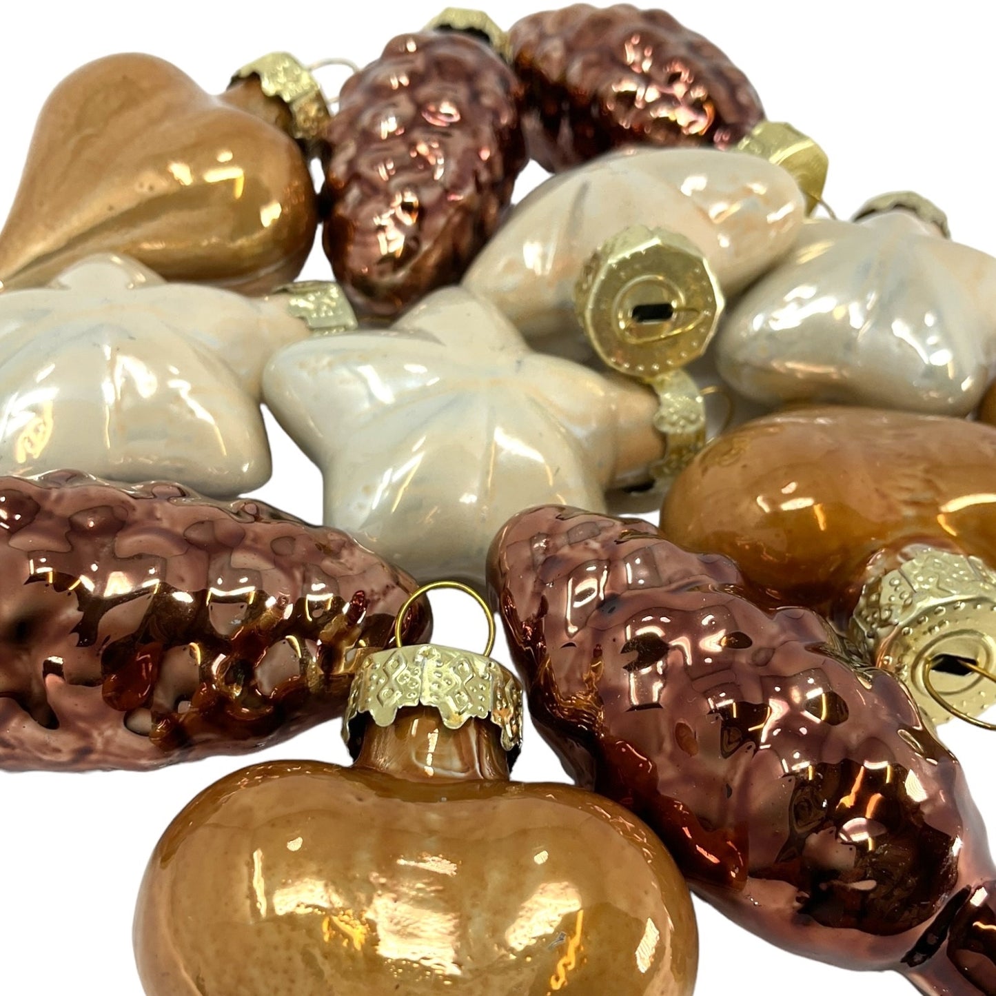 1.5 Inch Heart Pinecone and Star Brown and White Glass Christmas Ornaments 12 Piece Set