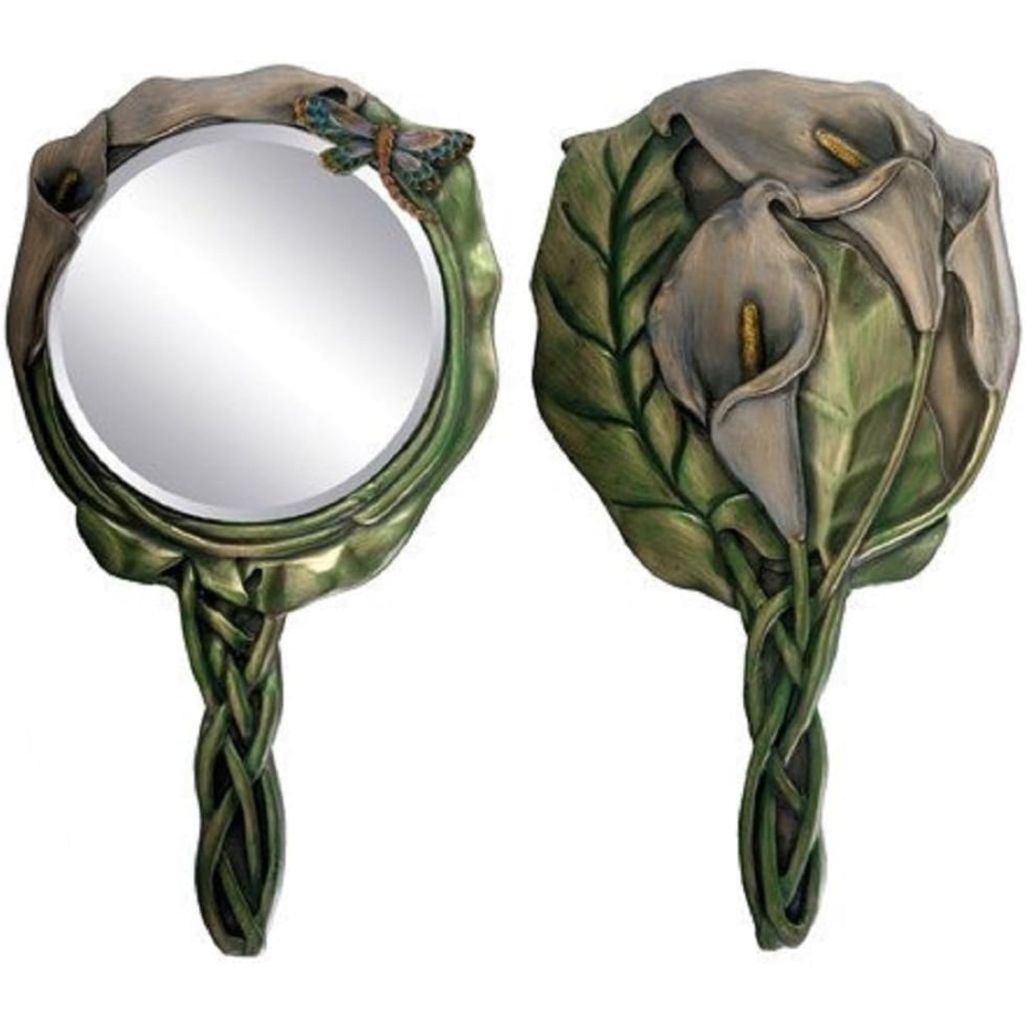 Dragonfly Calla Lily Hand Mirror Resin Vanity Beauty Accessory 10 inch