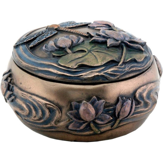 Art Nouveau Dragonfly Over Lily Pond Jewelry Trinket Keepsake Box Container Decoration 2 x 4.25 inch