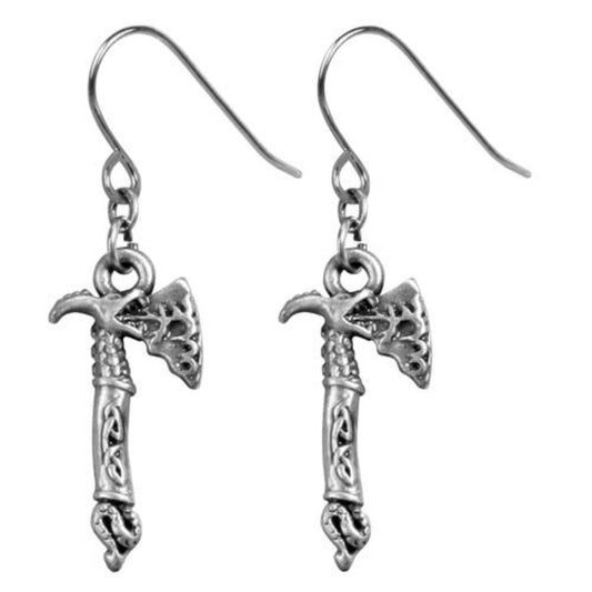 .85 Inch Silver Colored Flame Spitting Dragon Axe Dangling Earrings