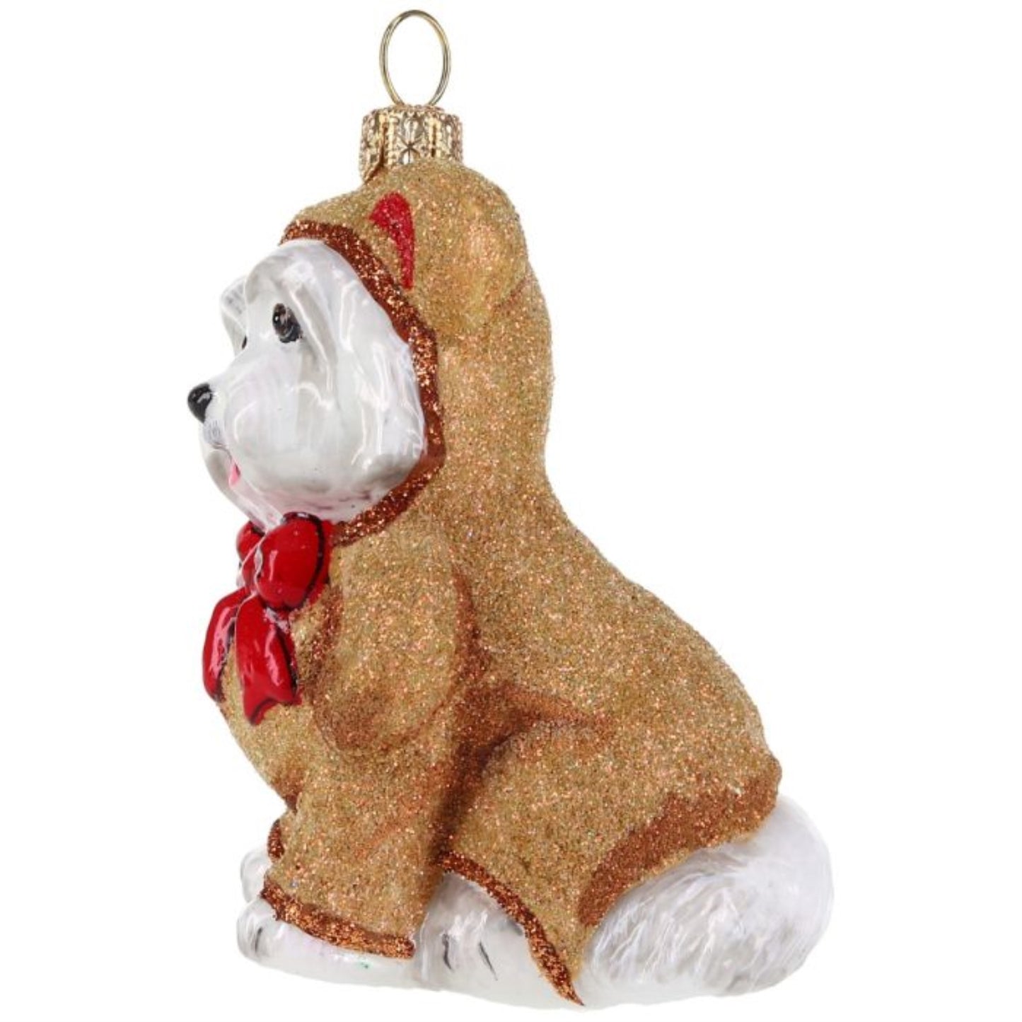 Joy to the World Maltese in Teddy Bear Sleeper Pajamas Polish Glass Ornament