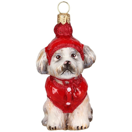 Joy to the World Shih Tzu in Winter Coat and Ski Hat Polish Glass Ornament