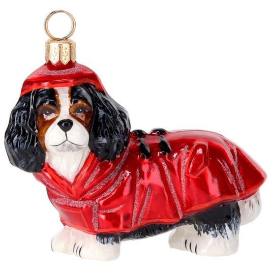 Joy to the World Cavalier King Tri Color in Red Rain Coat Polish Glass Ornament
