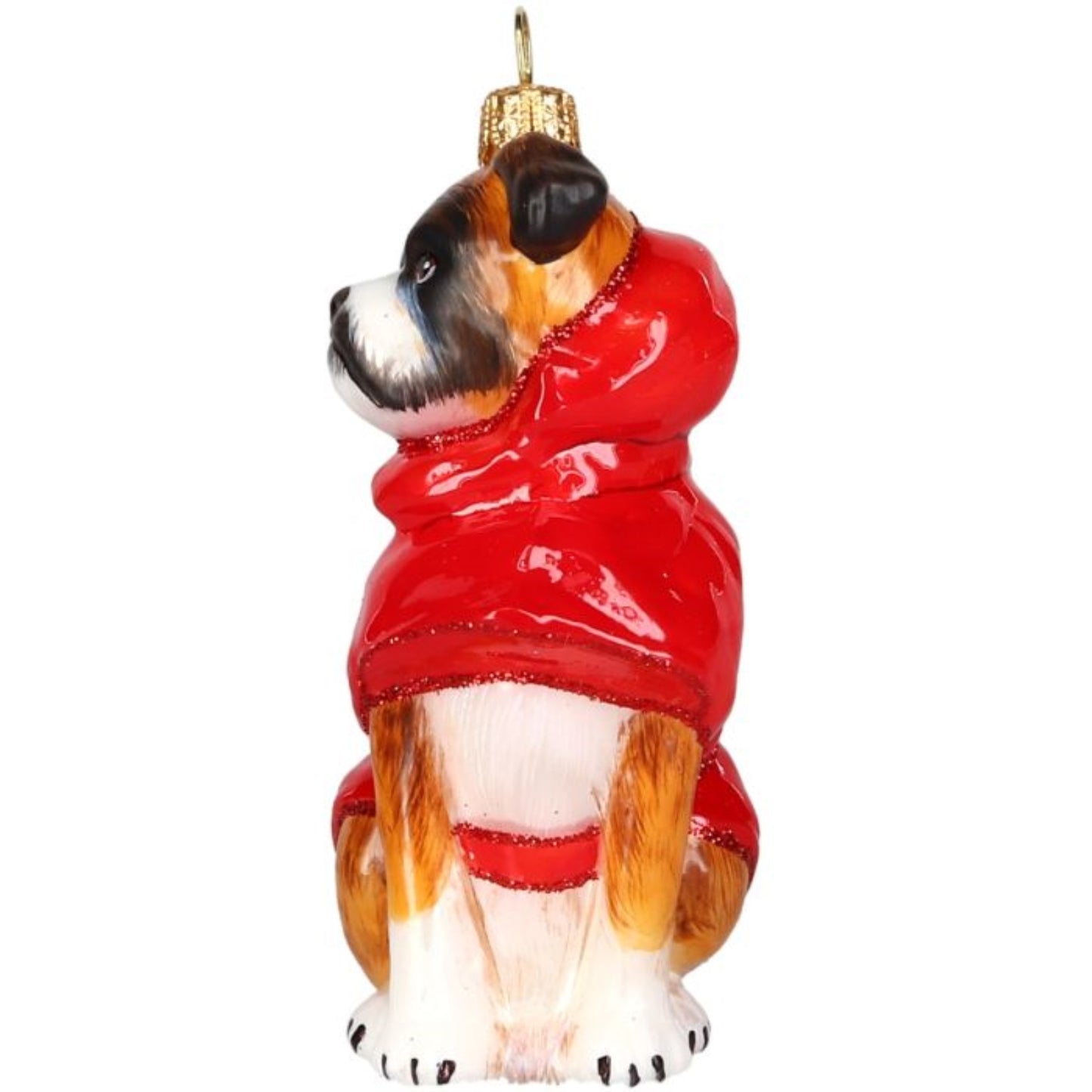 Joy to the World Boxer in Red Winter Coat Polish Glass Ornament