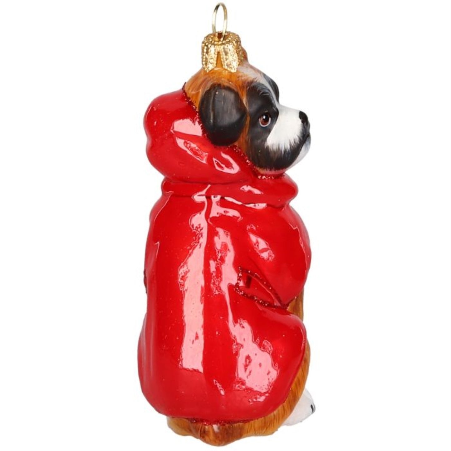 Joy to the World Boxer in Red Winter Coat Polish Glass Ornament