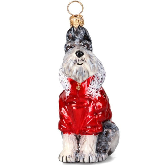 Joy to the World Gray Schnauzer in Red Winter Coat Polish Glass Ornament
