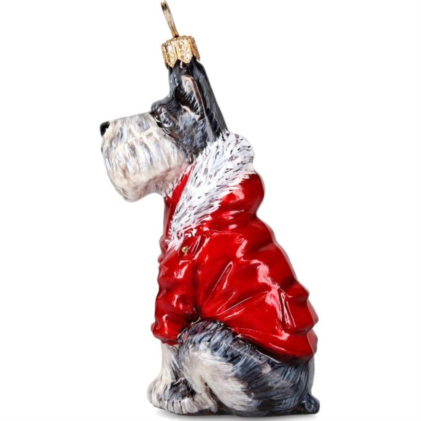 Joy to the World Gray Schnauzer in Red Winter Coat Polish Glass Ornament