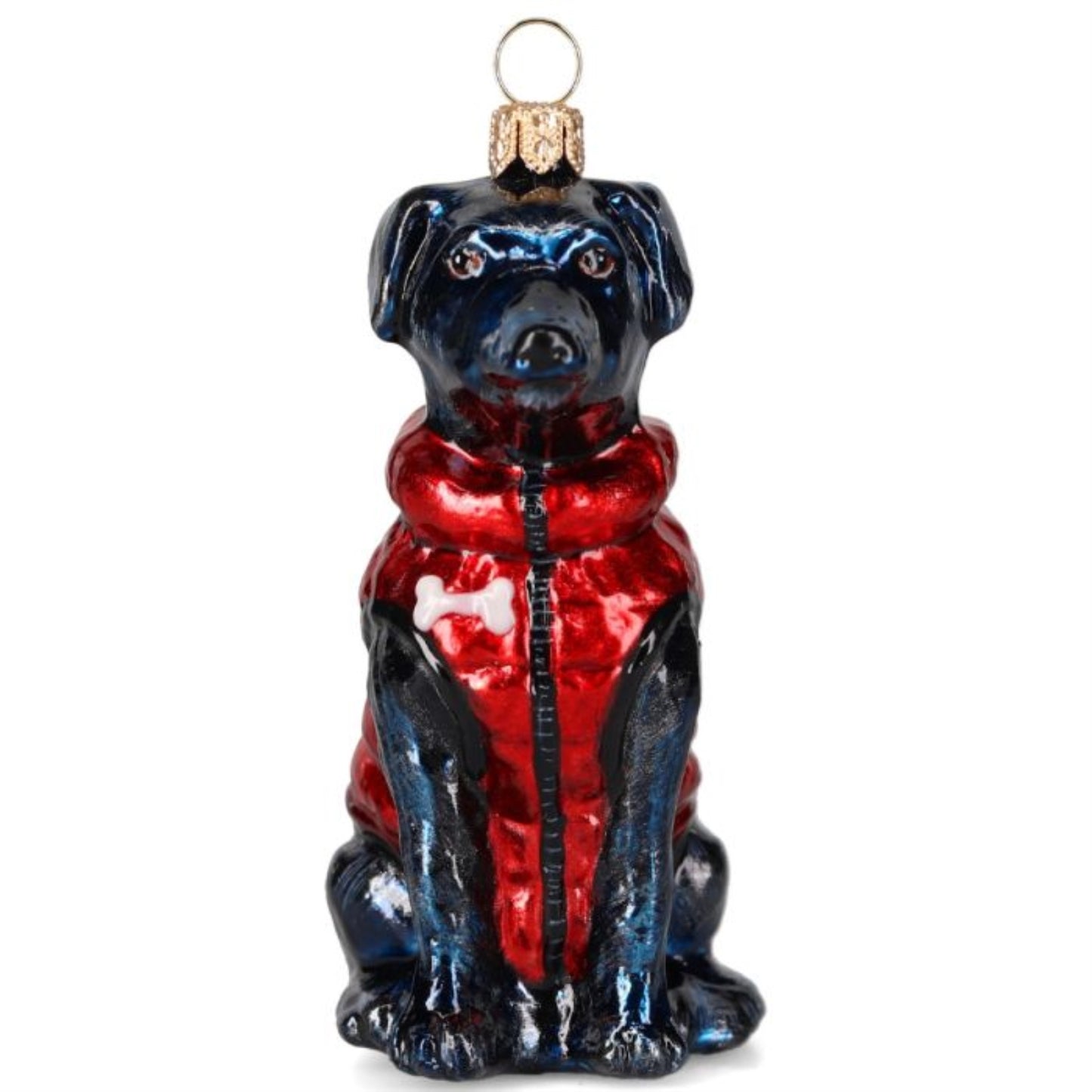 Joy to the World Black Lab in Red Puffer Coat Polish Glass Ornament